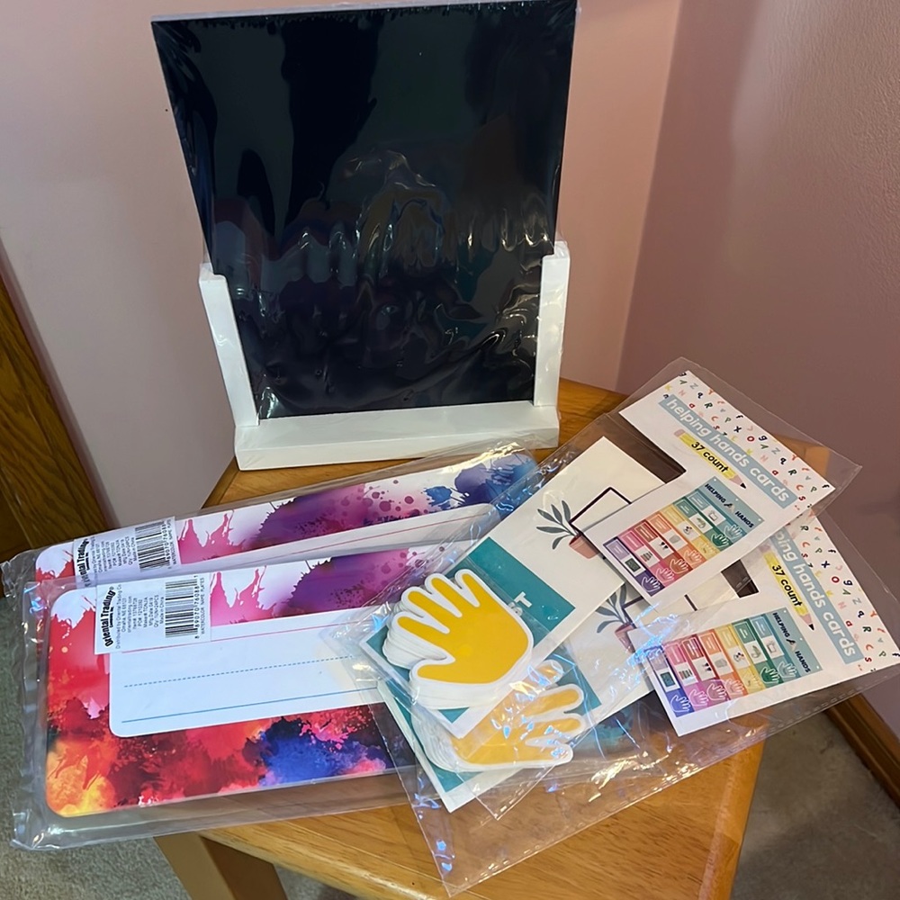 NWT unopened 2 sets nameplates, 2 sets classroom jobs, chalkboard sign